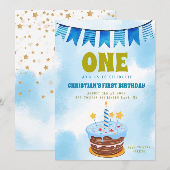 1st Birthday Boy Cake Invitation (Front/Back)