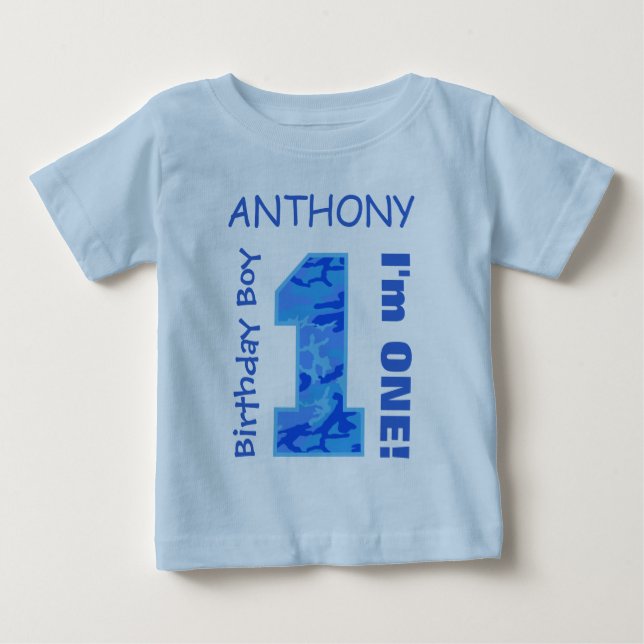 1st Birthday Boy CAMO One Year Custom Name V14C Baby T-Shirt (Front)