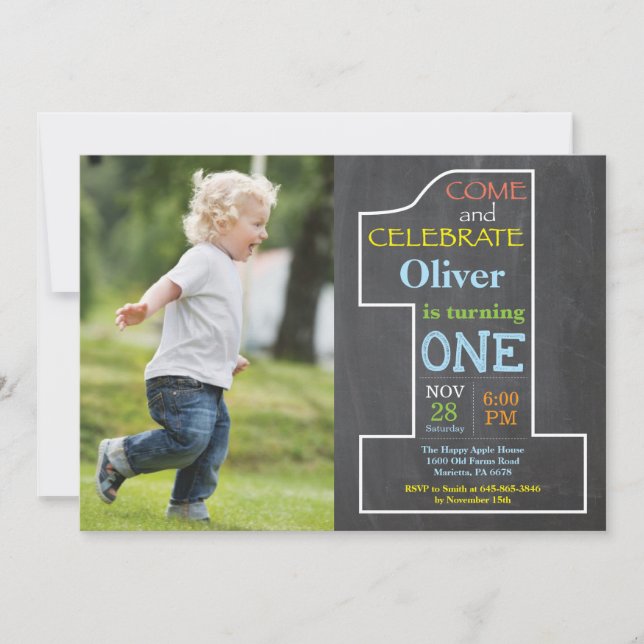 1st Birthday Boy Chalkboard Photo Invitation (Front)