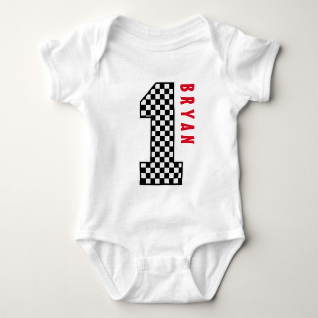 1st Birthday Boy CHECKS One Year Custom Name V007B Baby Bodysuit (Front)