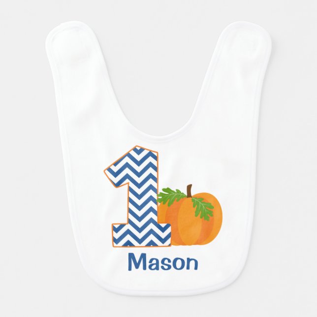 1st Birthday Boy Chevron Fall Pumpkin Personalized Baby Bib (Front)