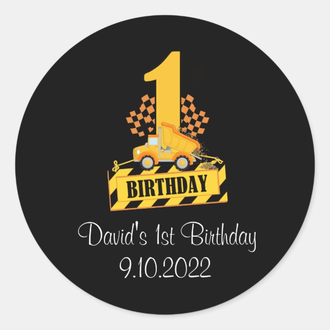 1st Birthday Boy Construction Theme  Classic Round Sticker (Front)