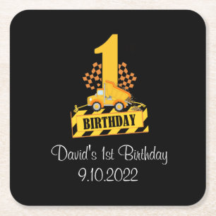 1st Birthday Boy Construction Theme   Square Paper Coaster