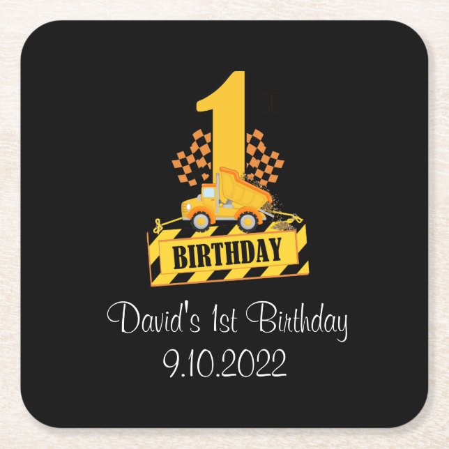 1st Birthday Boy Construction Theme   Square Paper Coaster (Front)