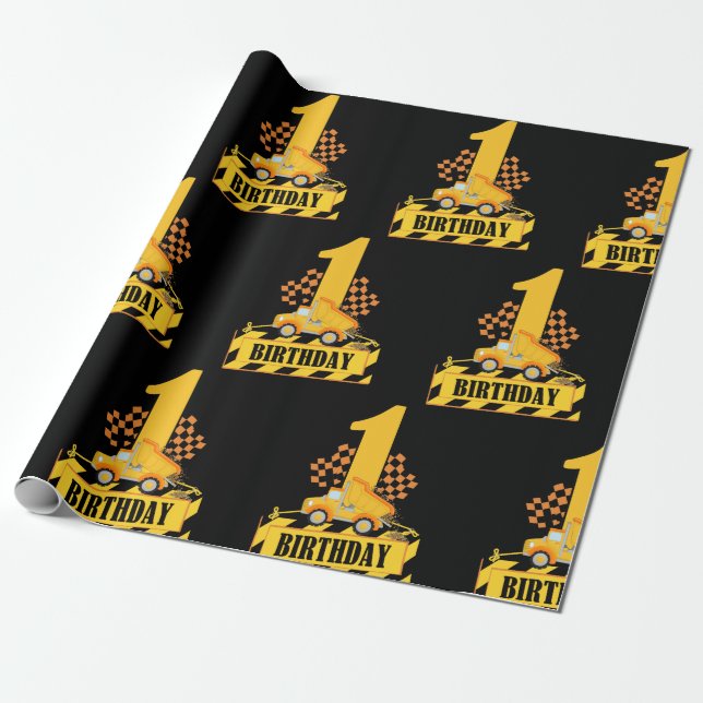 1st Birthday Boy Construction Theme Wrapping Paper (Unrolled)