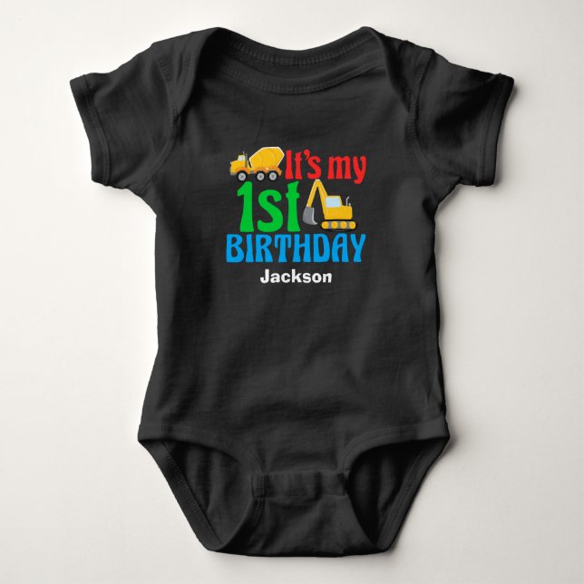 1st Birthday Boy Construction Truck Party Baby Bodysuit (Front)