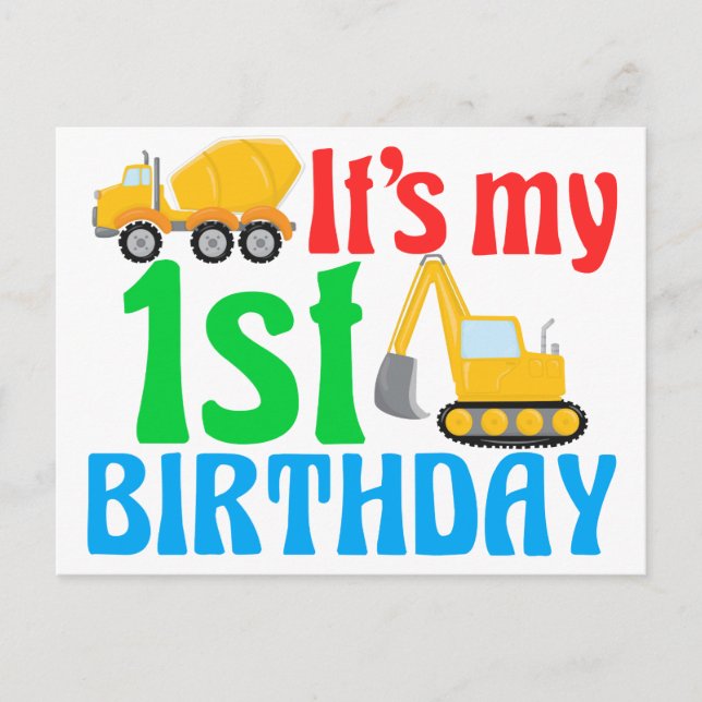 1st Birthday Boy Construction Vehicle Cute Postcard (Front)