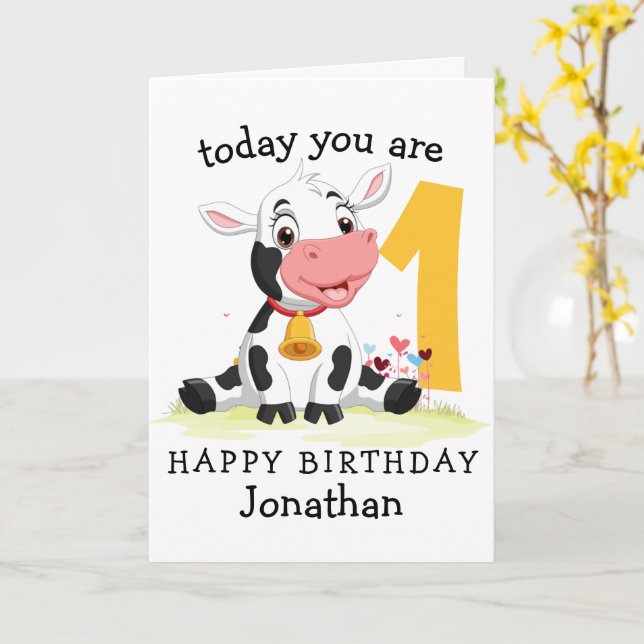1st  Birthday Boy Cow  card farm (Yellow Flower)