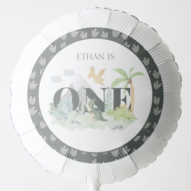 1st Birthday Boy Cute Dinosaur Jungle Watercolor Balloon (Front)