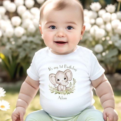 1st Birthday Boy Elephant Green Name Baby T_Shirt
