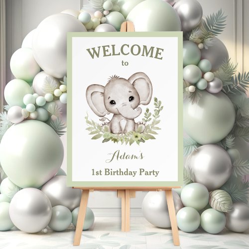 1st Birthday Boy Elephant Green Welcome Sign