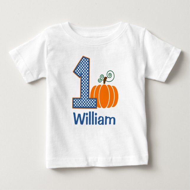 1st Birthday Boy Fall Pumpkin Personalized Baby T-Shirt (Front)
