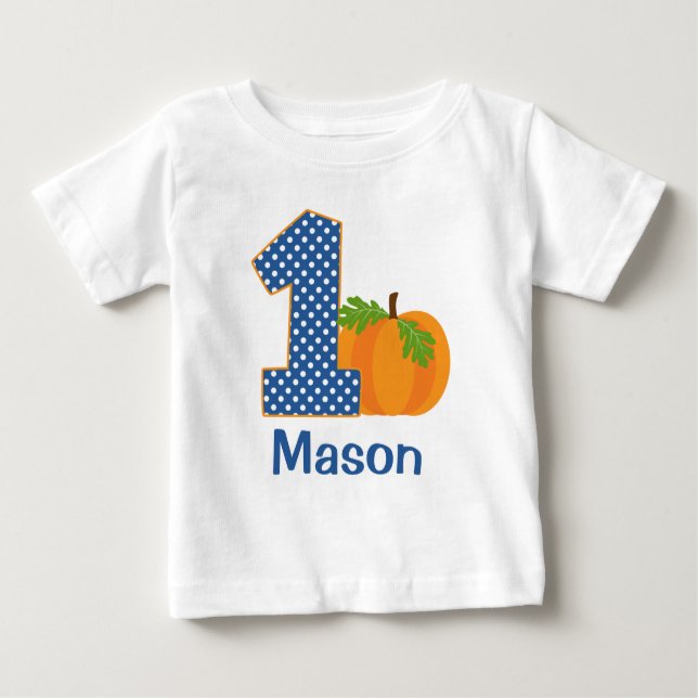 1st Birthday Boy Fall Pumpkin Personalized Baby T-Shirt (Front)