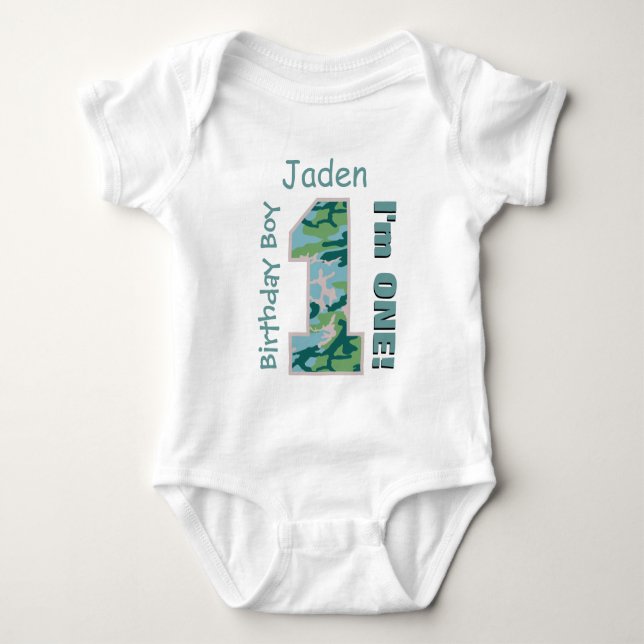 1st Birthday Boy Green CAMO 1 Year Custom Name V02 Baby Bodysuit (Front)