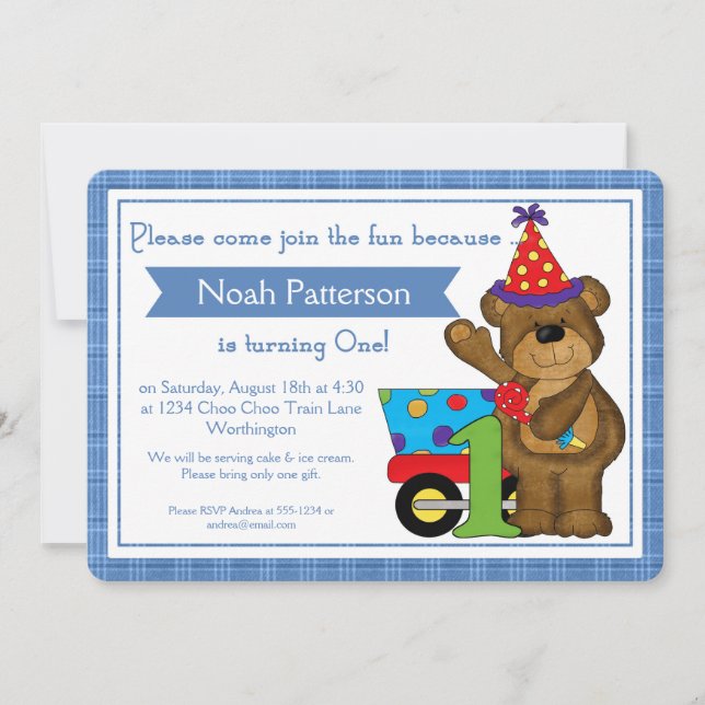 1st Birthday Boy Invitations Teddy Bear Train d1 (Front)