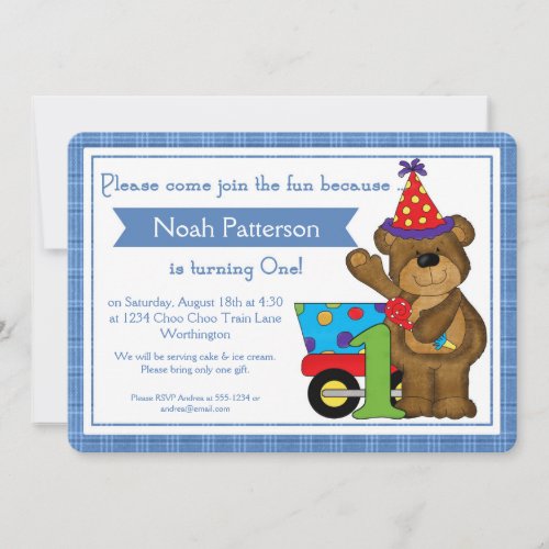 1st Birthday Boy Invitations Teddy Bear Train d1