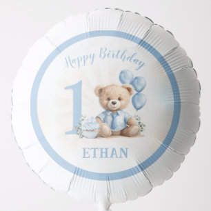1st Birthday Boy Name Teddy Bear Blue Balloon