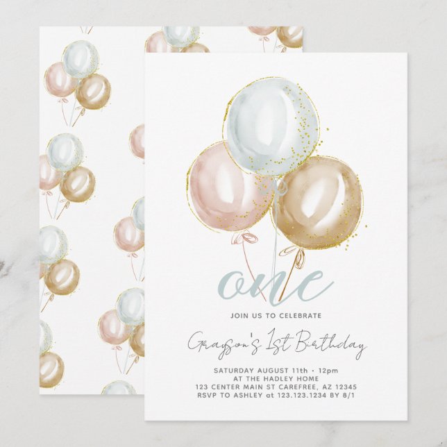 1st Birthday Boy One Balloons Invitation (Front/Back)