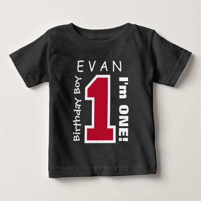 1st Birthday Boy One Year Custom Name Red V01B Baby T-Shirt (Front)