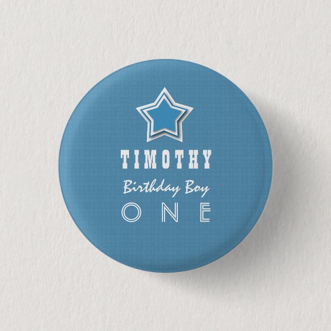 1st Birthday Boy One Year Old Blue White Star D03 Pinback Button (Front)