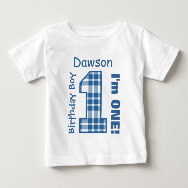 1st Birthday Boy PLAID One Year Custom Name V03 Baby T-Shirt (Front)