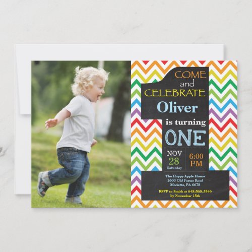 1st Birthday Boy Rainbow Chalkboard Photo Invitation