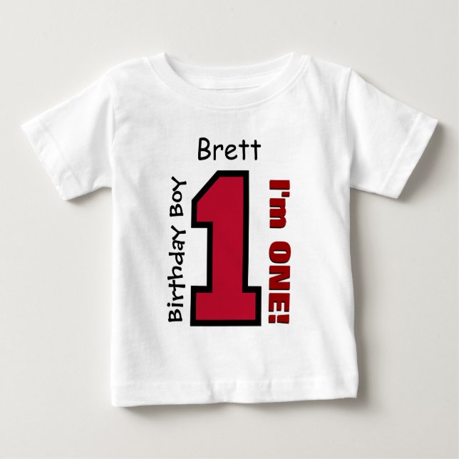 1st Birthday Boy RED One Year Custom Name V007D Baby T-Shirt (Front)
