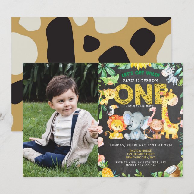 1st Birthday Boy Safari Chalkboard Jungle Picture Invitation (Front/Back)