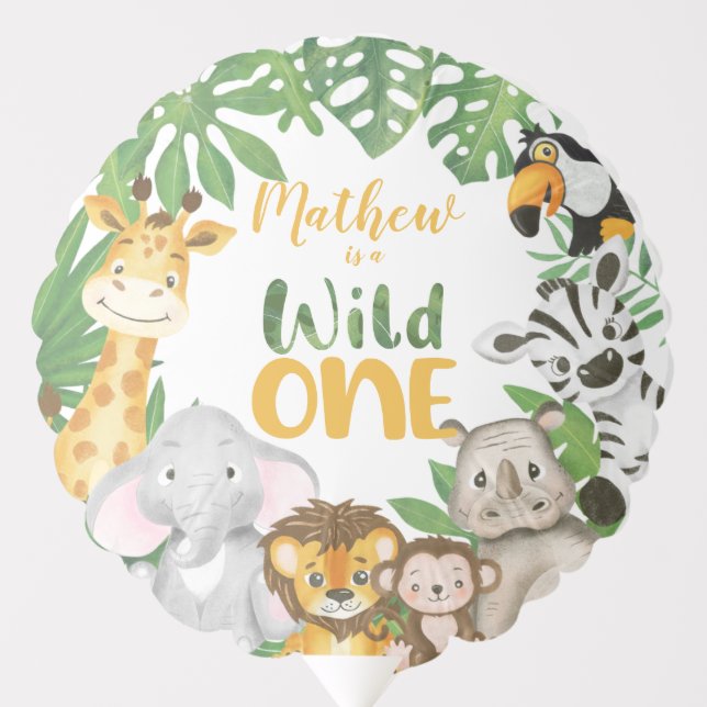 1st Birthday Boy Safari Jungle Animals Wild One Balloon (Front)