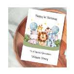1st Birthday Boy Safari Leaf Animals Card<br><div class="desc">This boy watercolour 1st birthday card is suitable for a single child or twins. The design includes a birthday number 1 in blue,  two birthday balloons,  and five safari animals (hippo,  giraffe,  lion,  monkey and elephant). Child's name has been included on the front of the card.</div>
