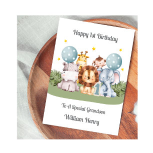 1st Birthday Boy Safari Leaf Animals Card