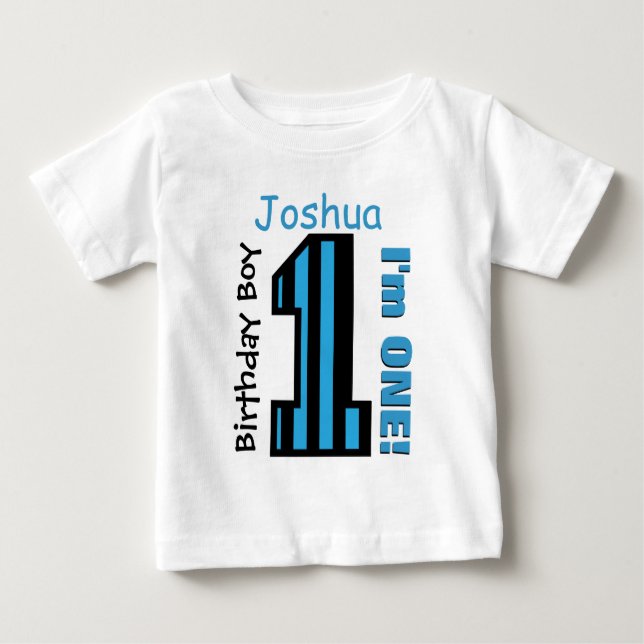 1st Birthday Boy Stripes One Year Custom Name V005 Baby T-Shirt (Front)