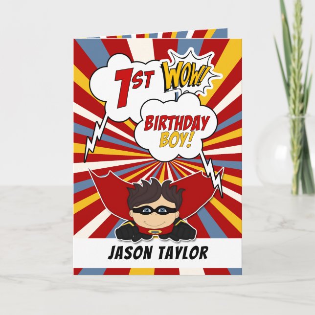 1st Birthday Boy Superhero Comic Theme Card (Front)
