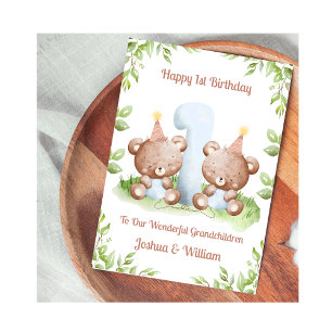 1st Birthday Boy Twins Teddy Bear Birthday Card