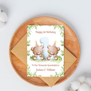 1st Birthday Boy Twins Teddy Bear Birthday Card