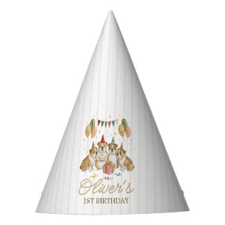 1st Birthday Boy Watercolor Puppy Party Hat