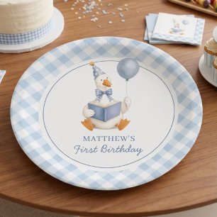 1st Birthday Boy's Silly Goose Blue Gingham Script Paper Plates