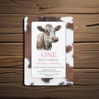 1st Birthday Brown and White Cow Invitation