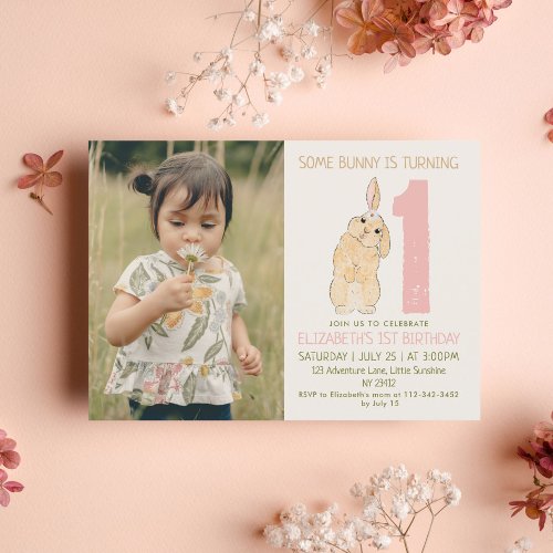 1st Birthday Bunny Daisy Photo  Invitation