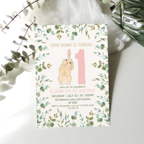 1st Birthday Bunny Watercolor Eucalyptus Pink 