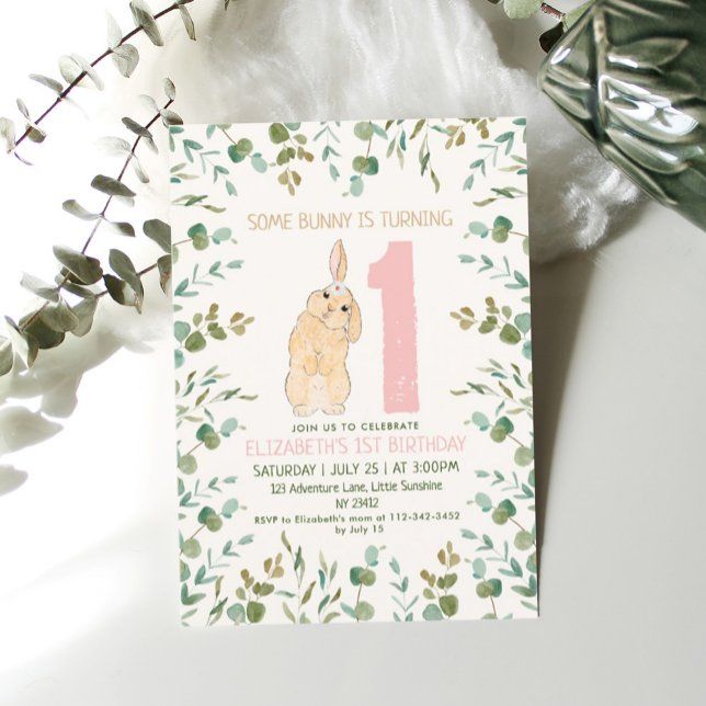 1st Birthday Bunny Watercolor Eucalyptus Pink  Invitation (Creator Uploaded)