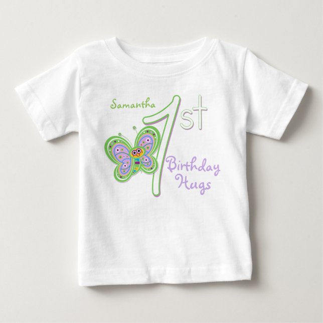 1st Birthday Butterfly Hugs Custom Name Baby T-Shirt (Front)