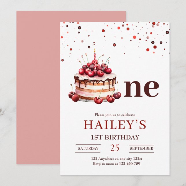 1st Birthday Cake Invitation, Girl 1st Birthday Invitation (Front/Back)