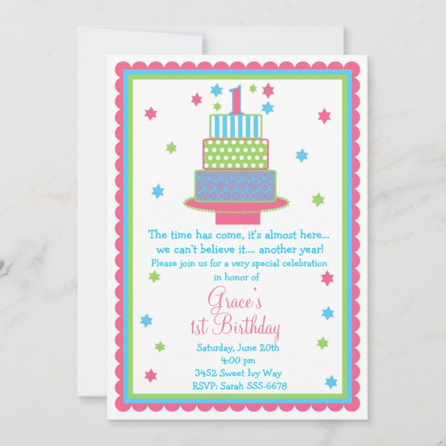 1st Birthday Cake Party Invitation (Front)