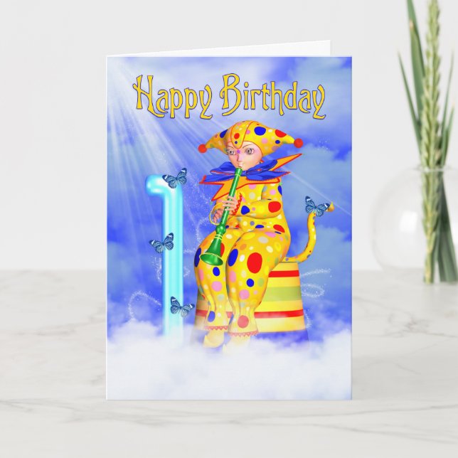 1st Birthday Card - Cute Little Pixie Clown (Front)