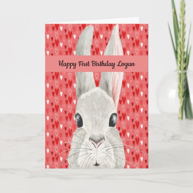 1st Birthday Card for Boy with Bunny (Front)