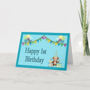 1st Birthday Card - Monkey, Pennants & Balloons