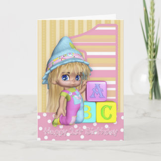 1st Birthday Card With Cute Little Girl And Blocks