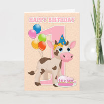 1st Birthday Card With Little Cow Cake And Balloon
