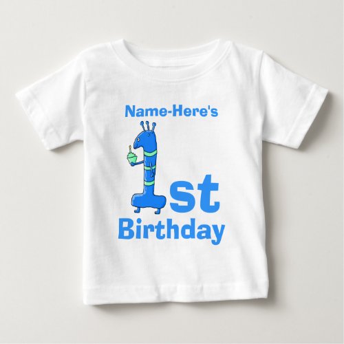 1st birthday cartoon in blue Custom Name Baby T_Shirt